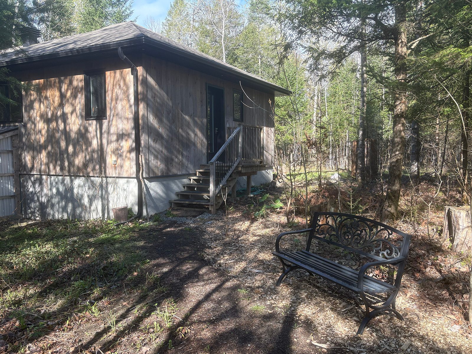 The exterior of the therapy cabin among trees.